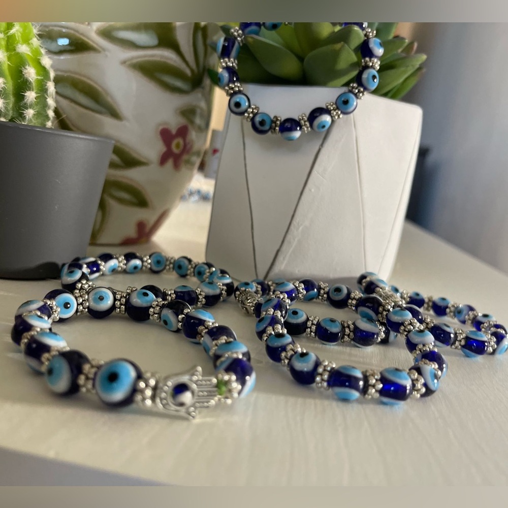 Blue Evil Eye Bracelet with Silver Accents